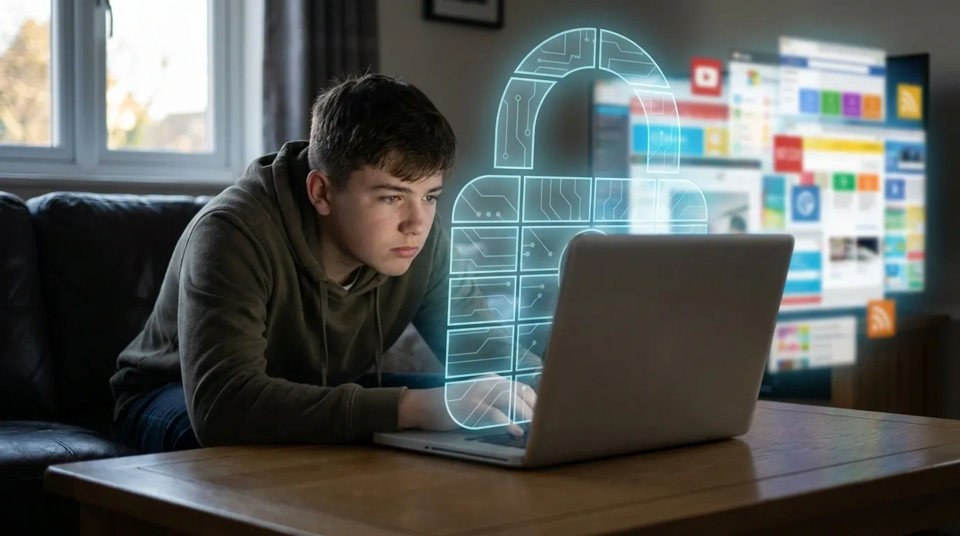 Teenager trying to access social media on his laptop if blocked by age verification