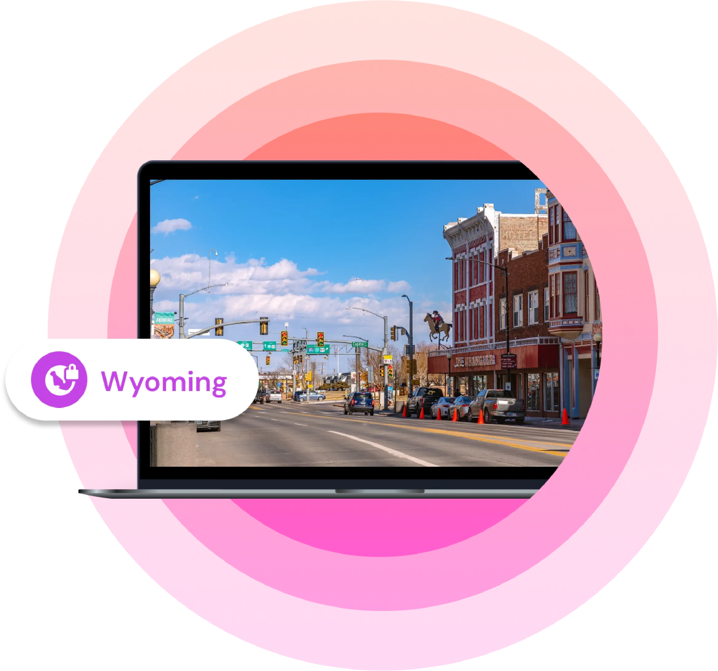 Illustration showing a laptop with a picture of a Wyoming city on it with the text "Wyoming" next to it