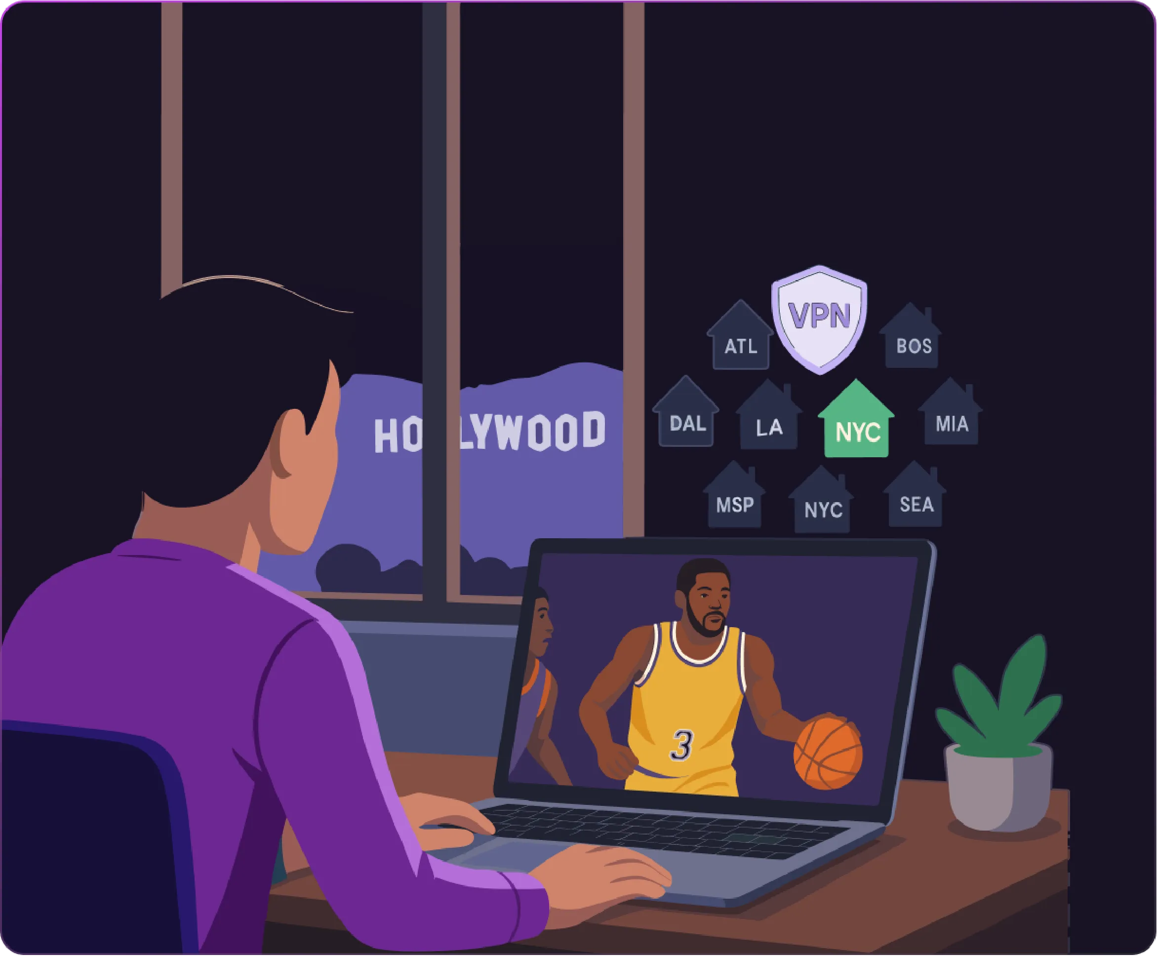 Man streaming a basketball game on a laptop using VPN location options like NYC, LA, and Miami, representing accessing ESPN from different regions.