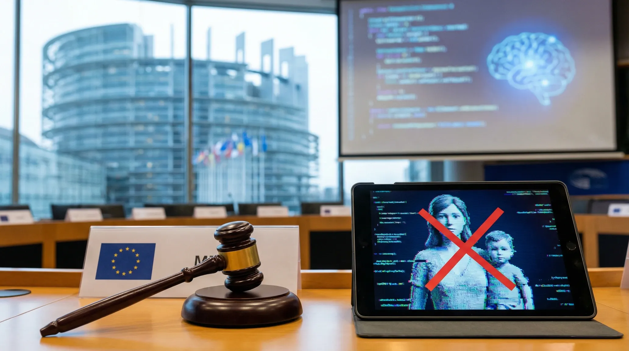 A judge’s gavel and a stack of legal documents on a conference table, with EU flags in the background and server racks and a tablet displaying a digital network, symbolizing EU regulation and control over digital infrastructure and online speech.