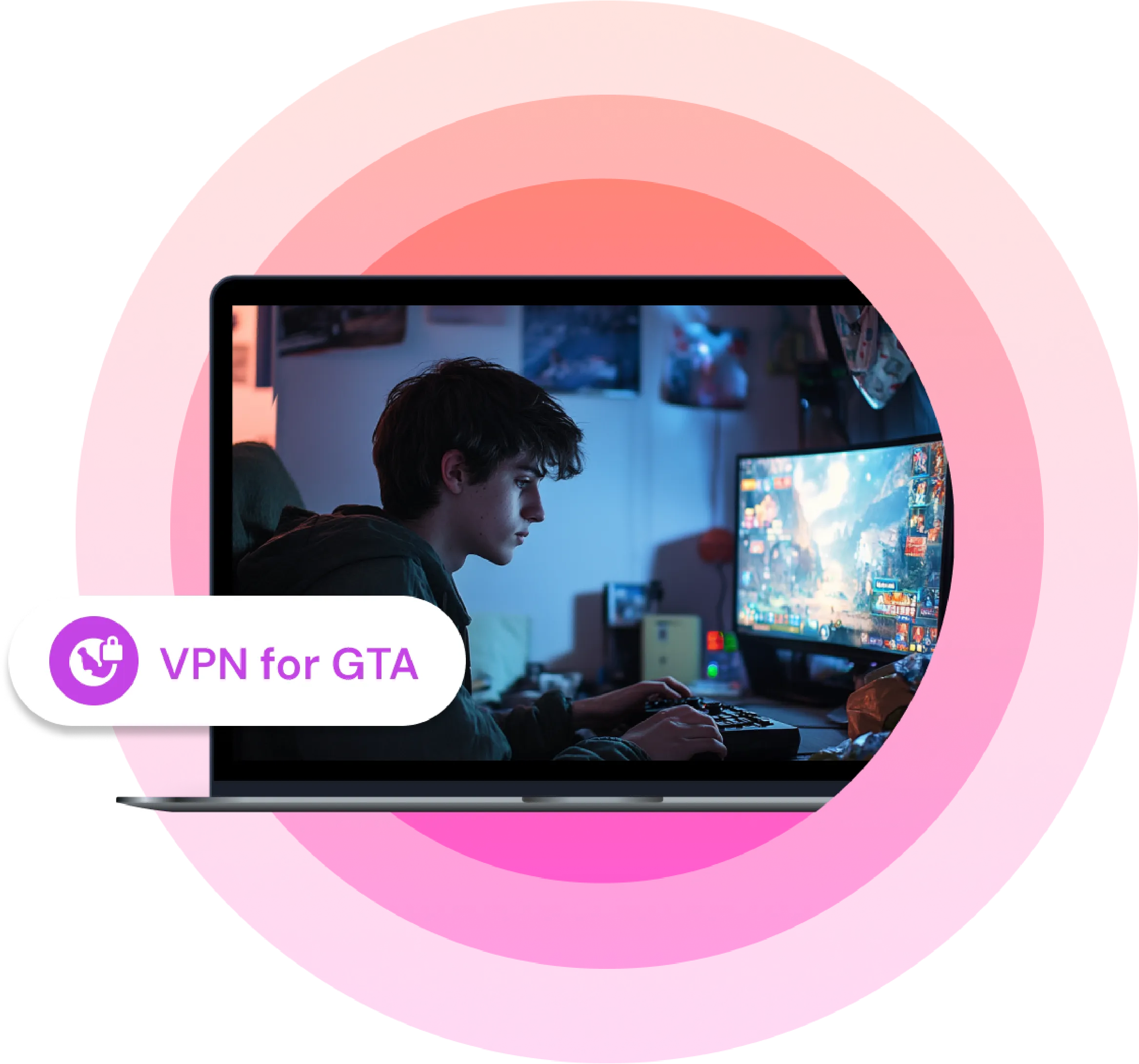 A person playing a game on a computer with a label "VPN for GTA".