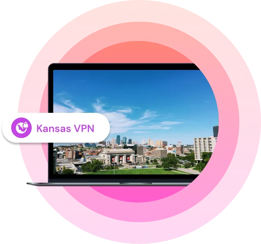 Illustration showing a laptop with a picture of a Kansas city on it with the text "Kansas VPN" next to it