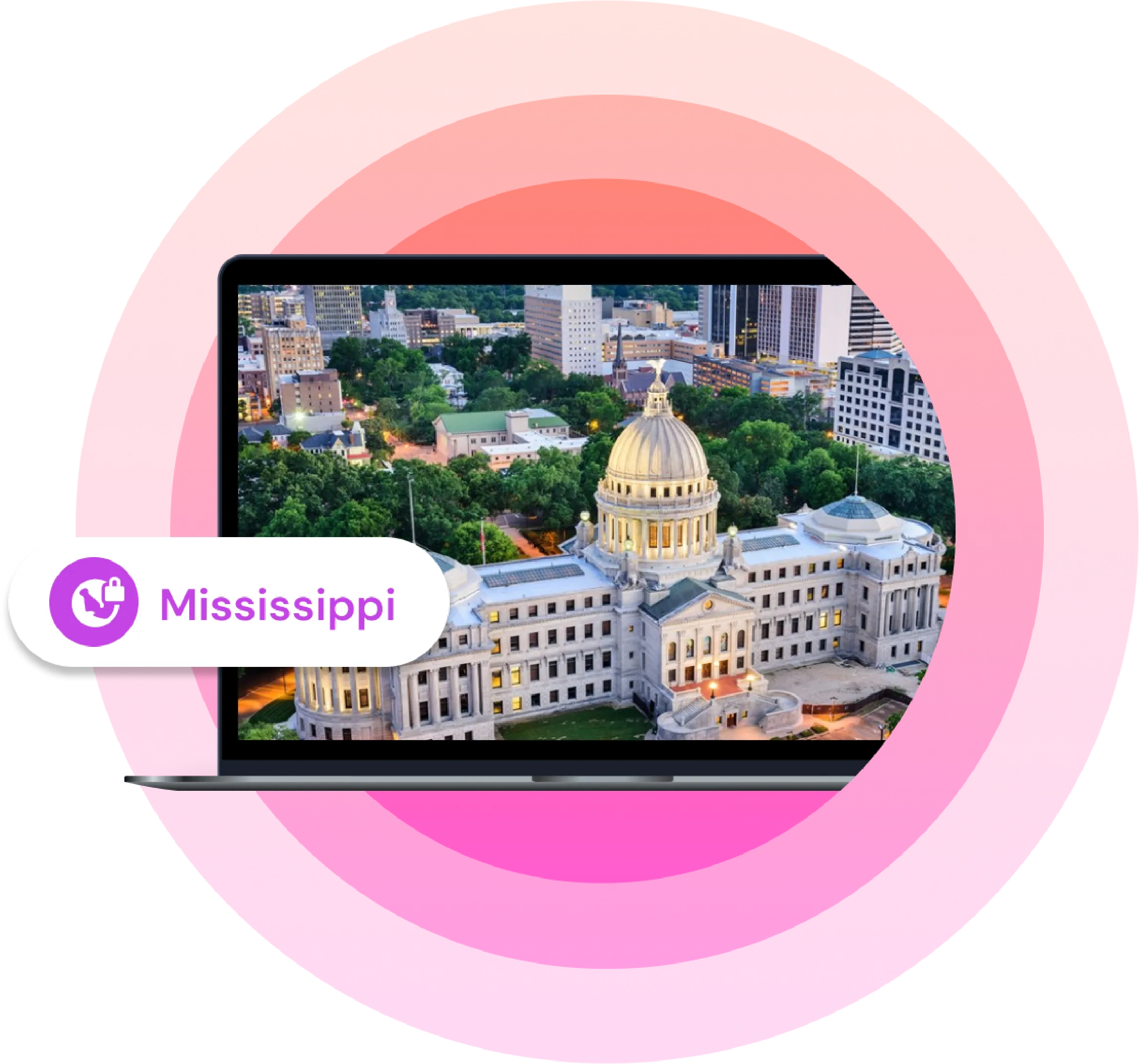 Illustration showing a laptop with a picture of a Mississippi city on it with the text "Mississippi" next to it