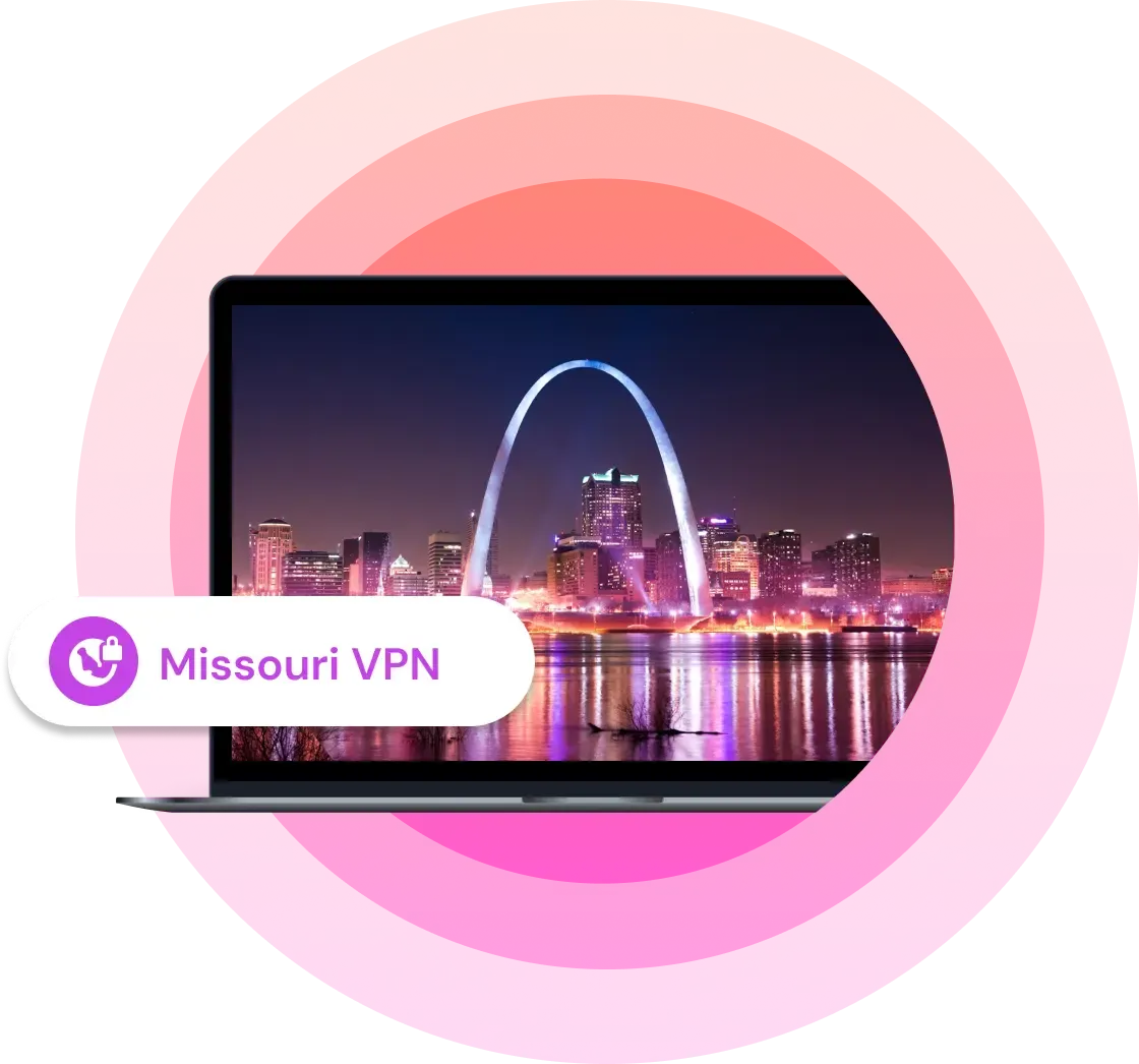 Illustration showing a laptop with a picture of a Missouri city on it with the text "Missouri VPN" next to it