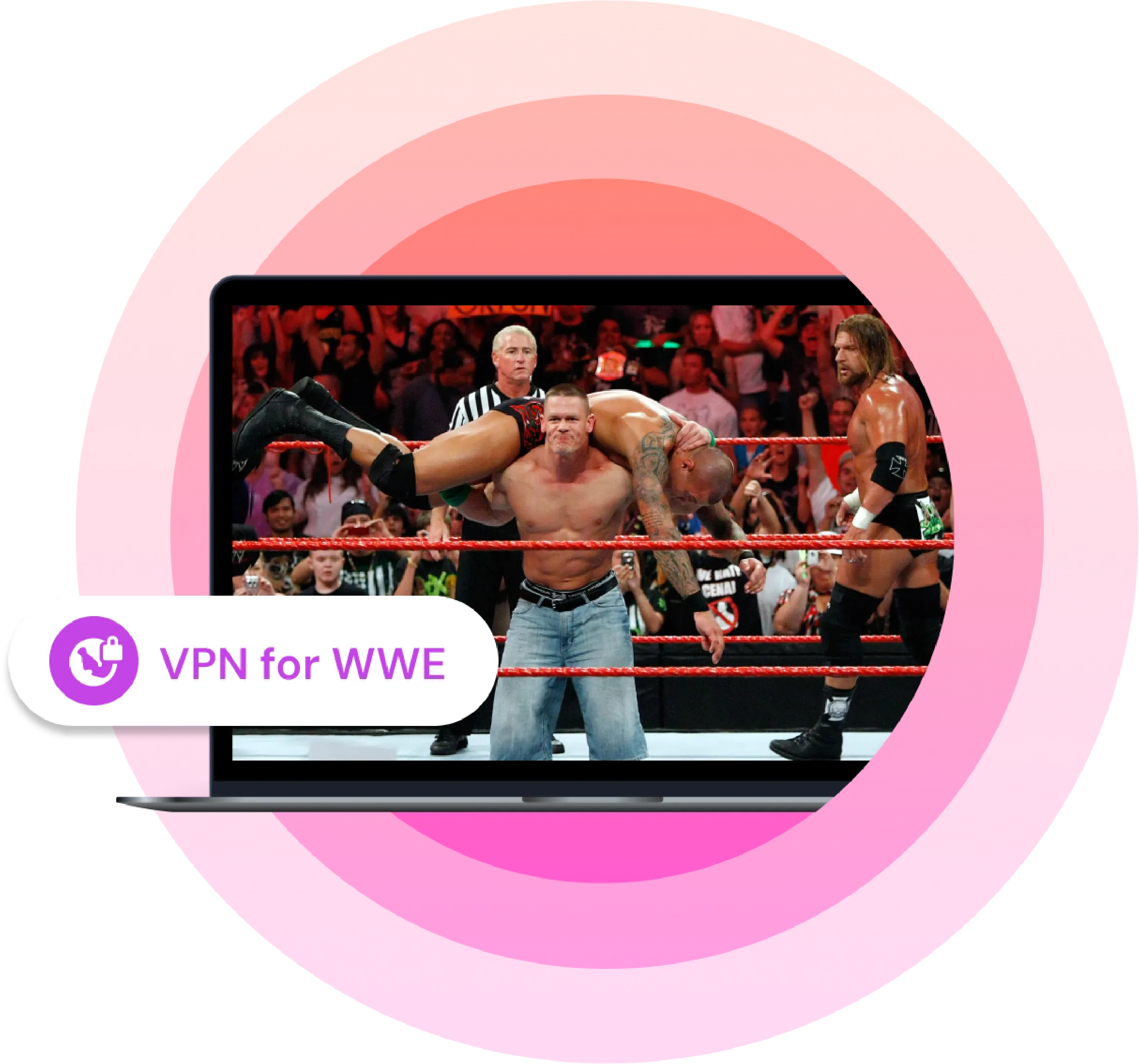 Laptop screen showing a WWE wrestling match, with a wrestler lifting his opponent in the ring. Overlay text reads “VPN for WWE” on a purple badge, set against a pink circular background.