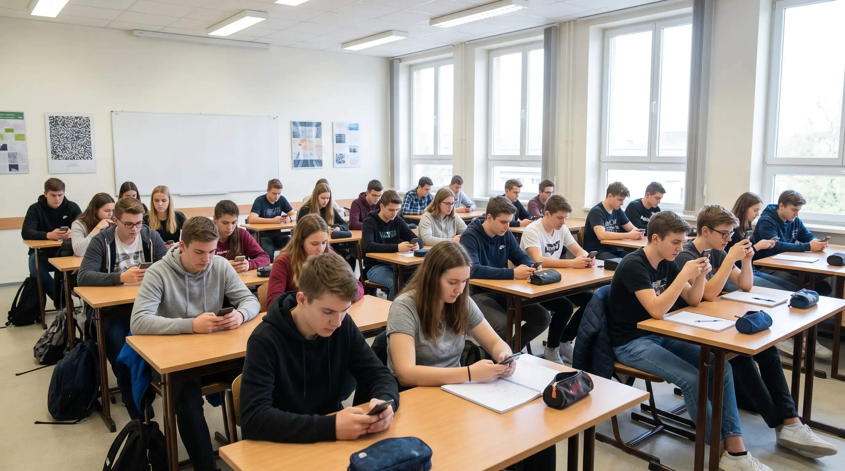An image of a well-lit classroom full of kids on their phones