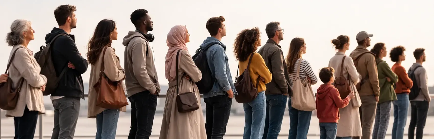 An image of a diverse group of people queuing for something off screen.