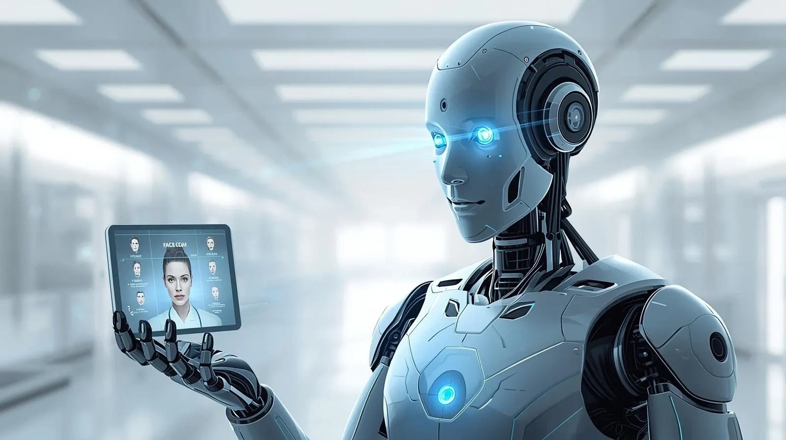 An illustration of a robot holding a tablet with someone's face on it