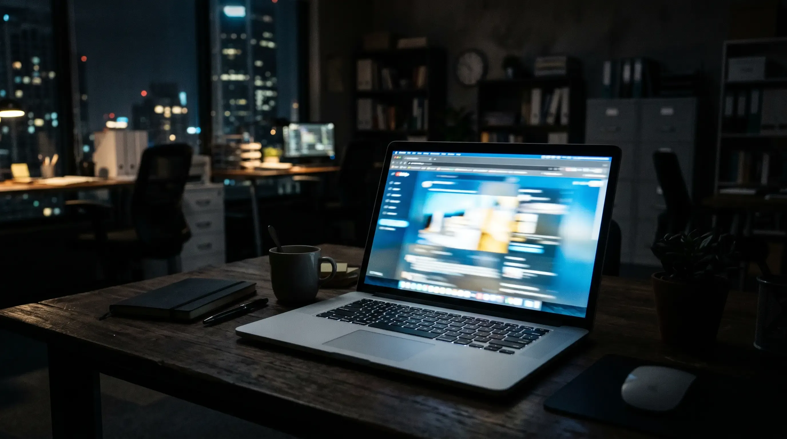 An image of an open laptop on a table in a dark office