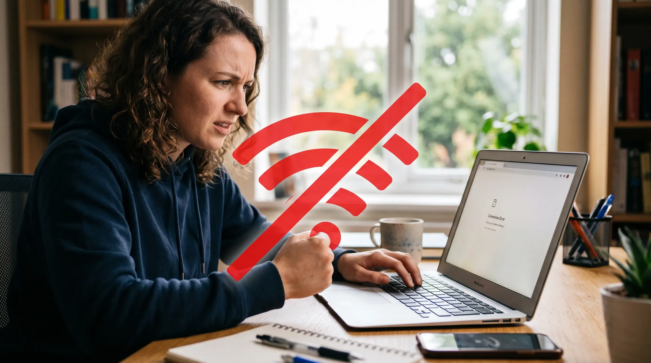 An image of a frustrated woman who's computer has no internet connection