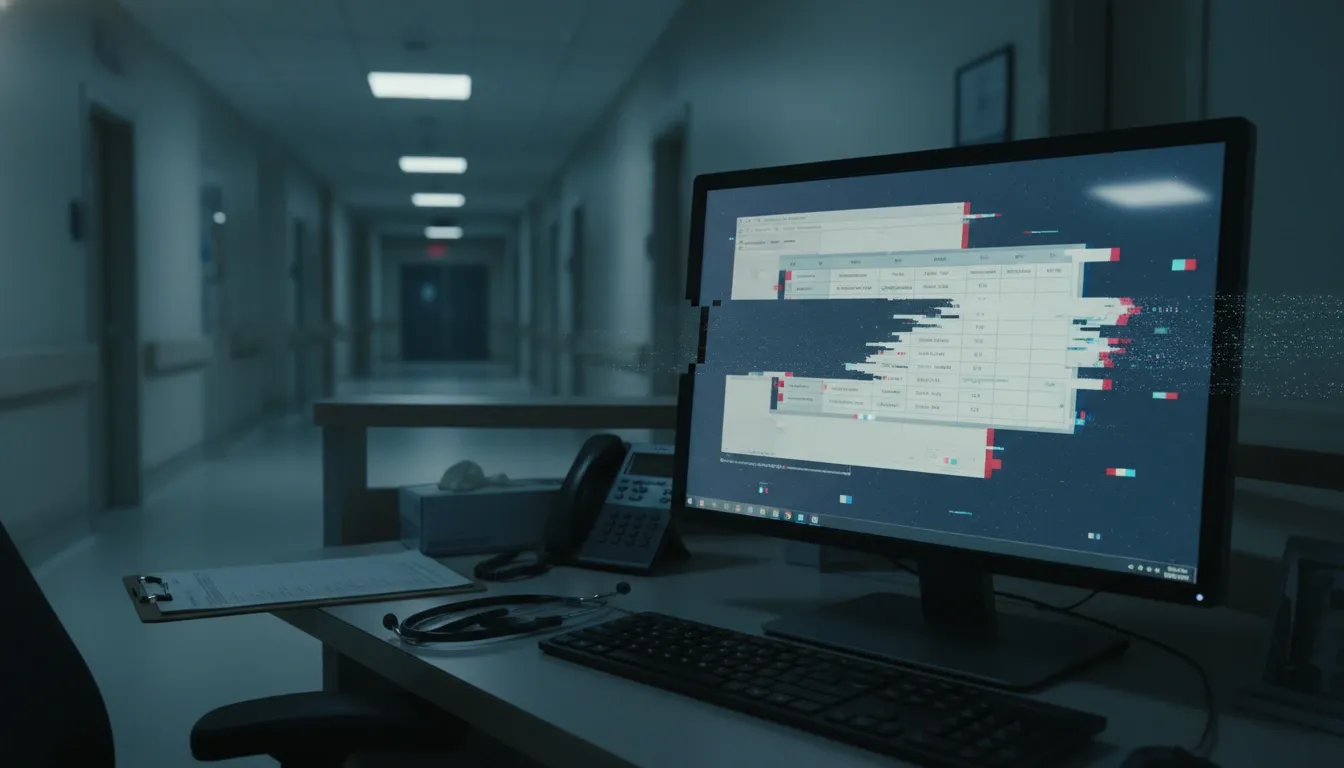 Empty hospital with a PC monitor glitching out as if being hacked