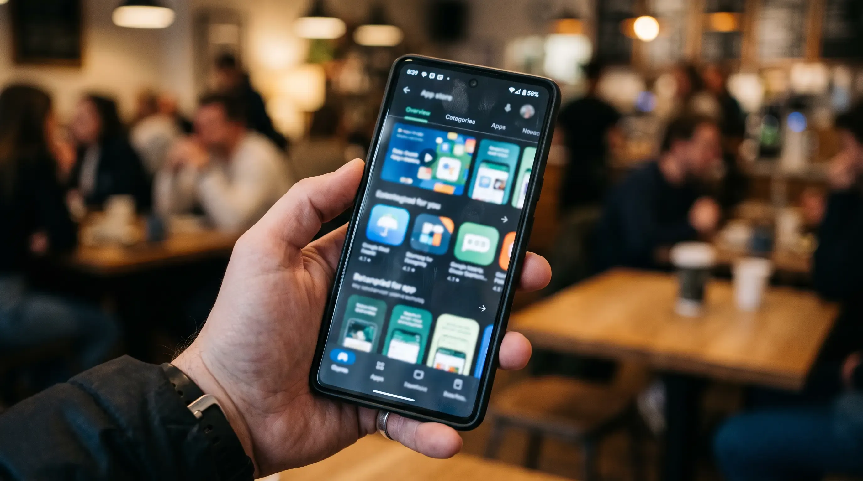 A close up image of a phone screen with the app store loaded on it