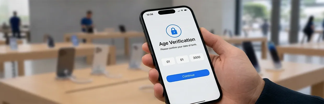 A person in a smartphone store holds a smartphone which required age verification