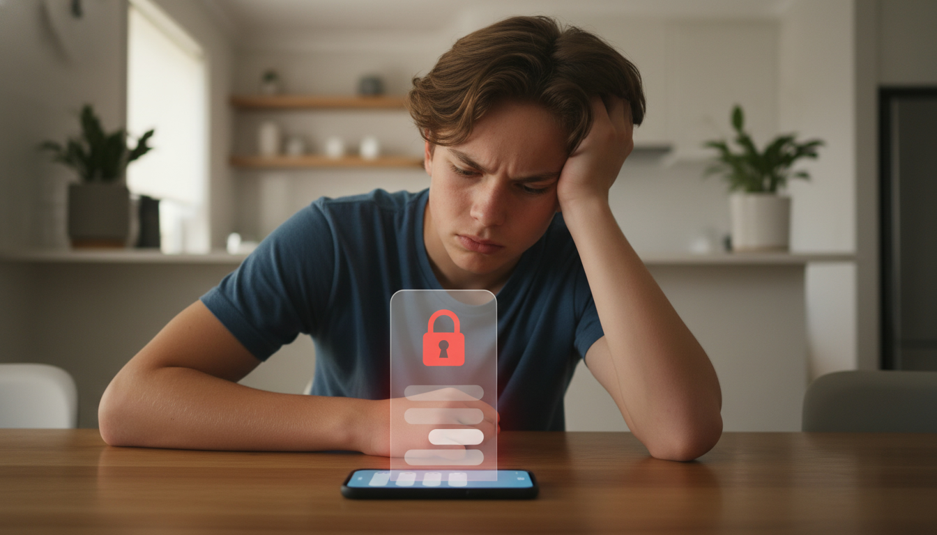 Frustrated teenager is sitting at the table with smartphone on it which is displaying locked out ai chatbot