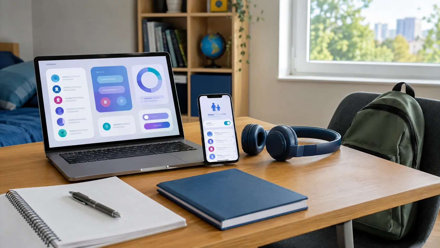A laptop, smartphone, headphones, and notebooks laying on a teenager's table with a backpack next to it on a chair