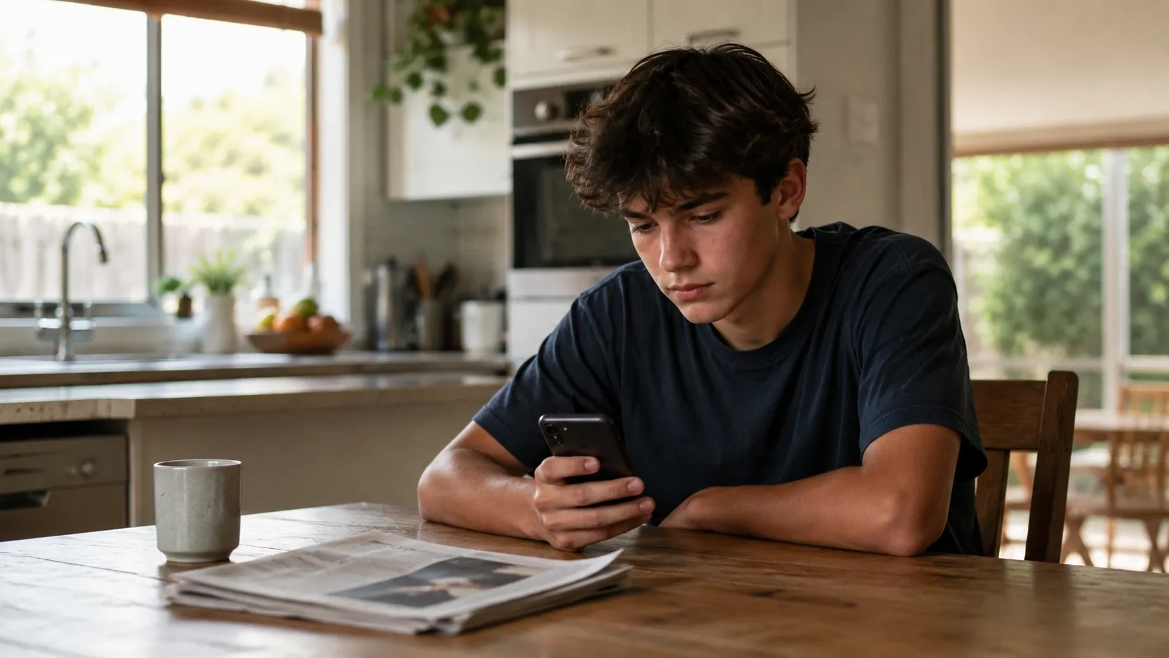 An Australia teen is using his smartphone while a newspaper lays on the table in front of him