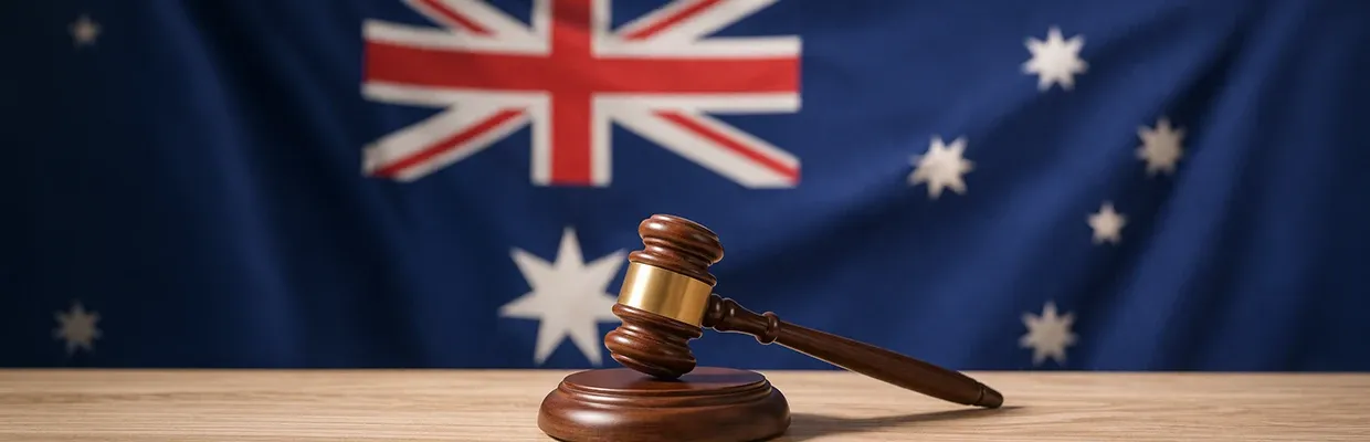 A court table with Australian flag behind it