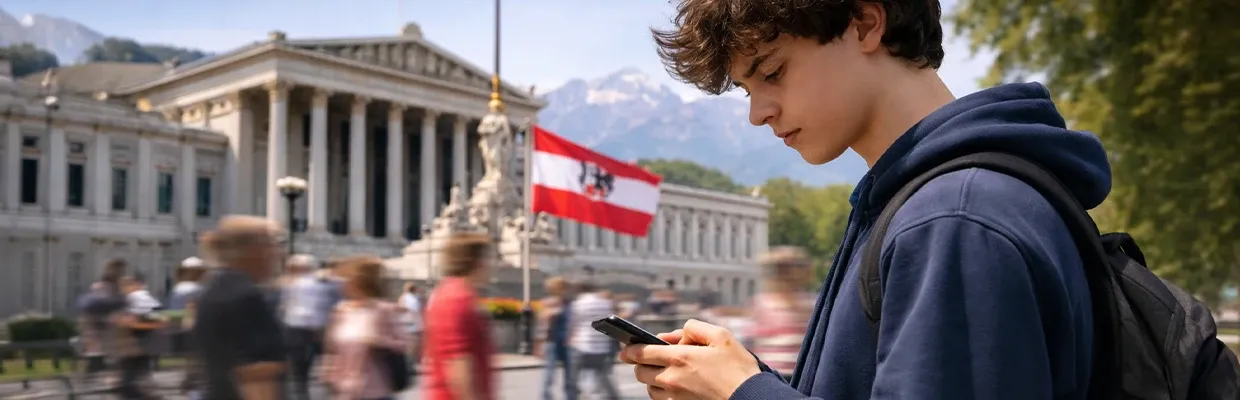 Teenager in Austria is standing in the street while using social media on his phone