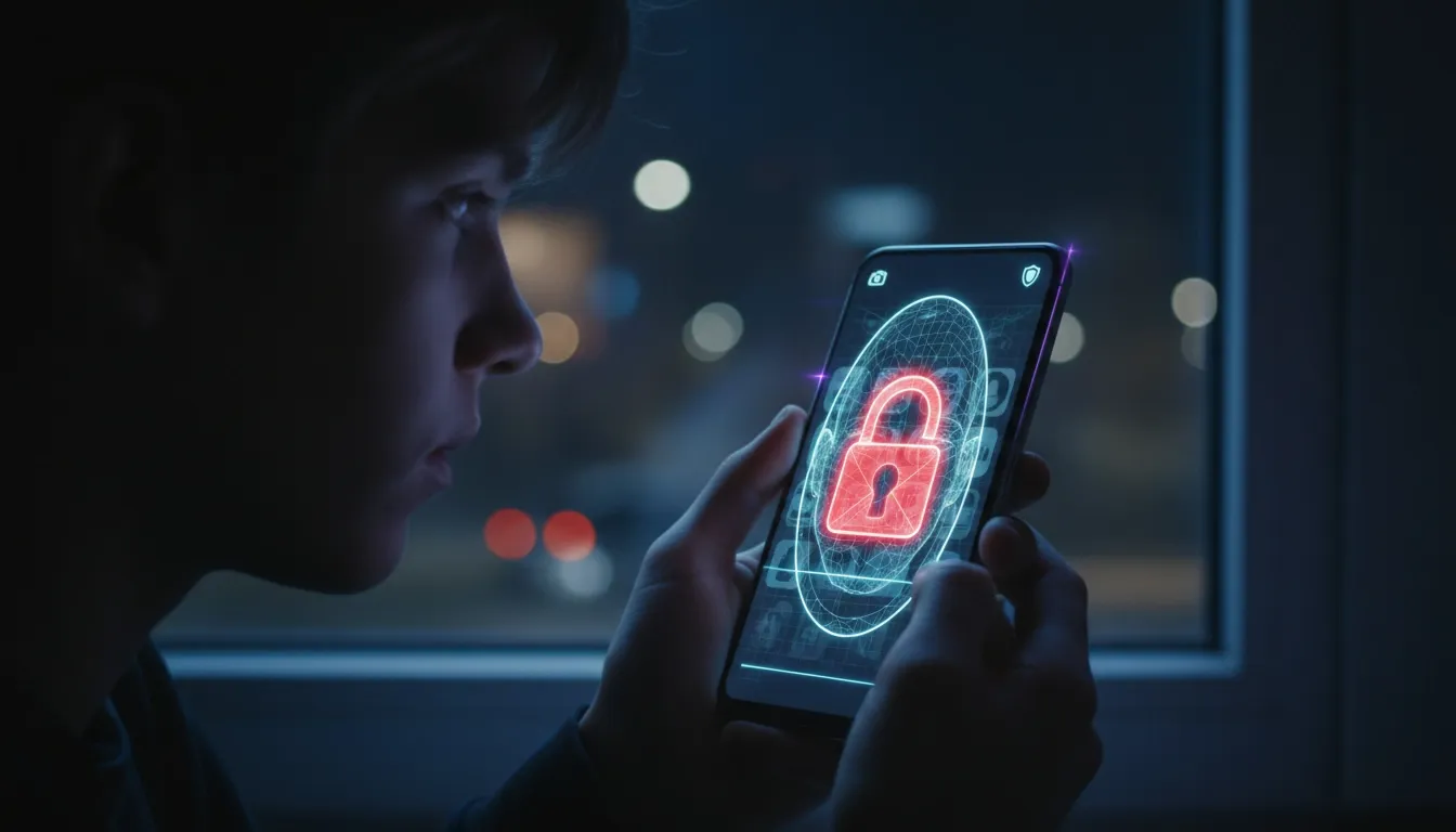 Teen staring at their phone, trying to access social media but being denied after face scan due to not meeting age requirement