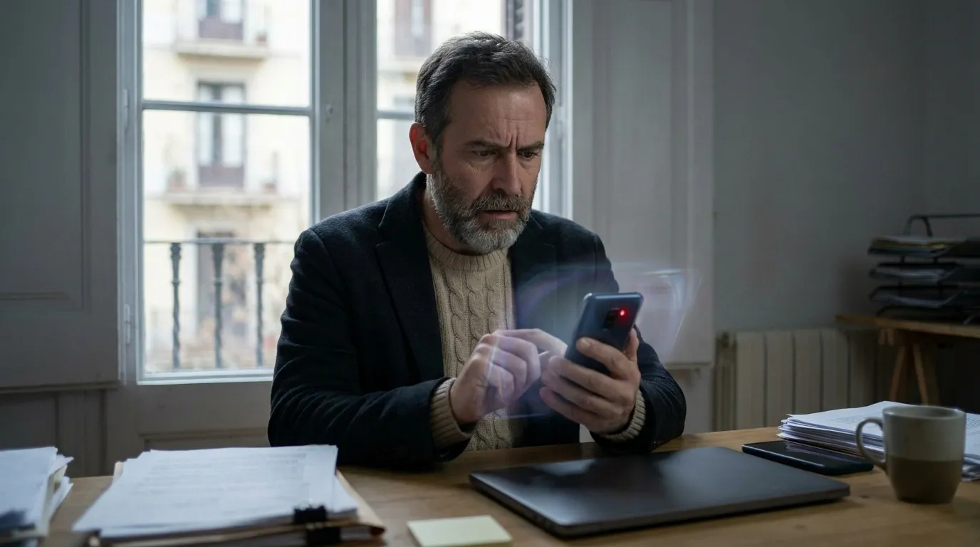 A journalist in Spain is looking shocked as he realizes his smartphone is being hacked