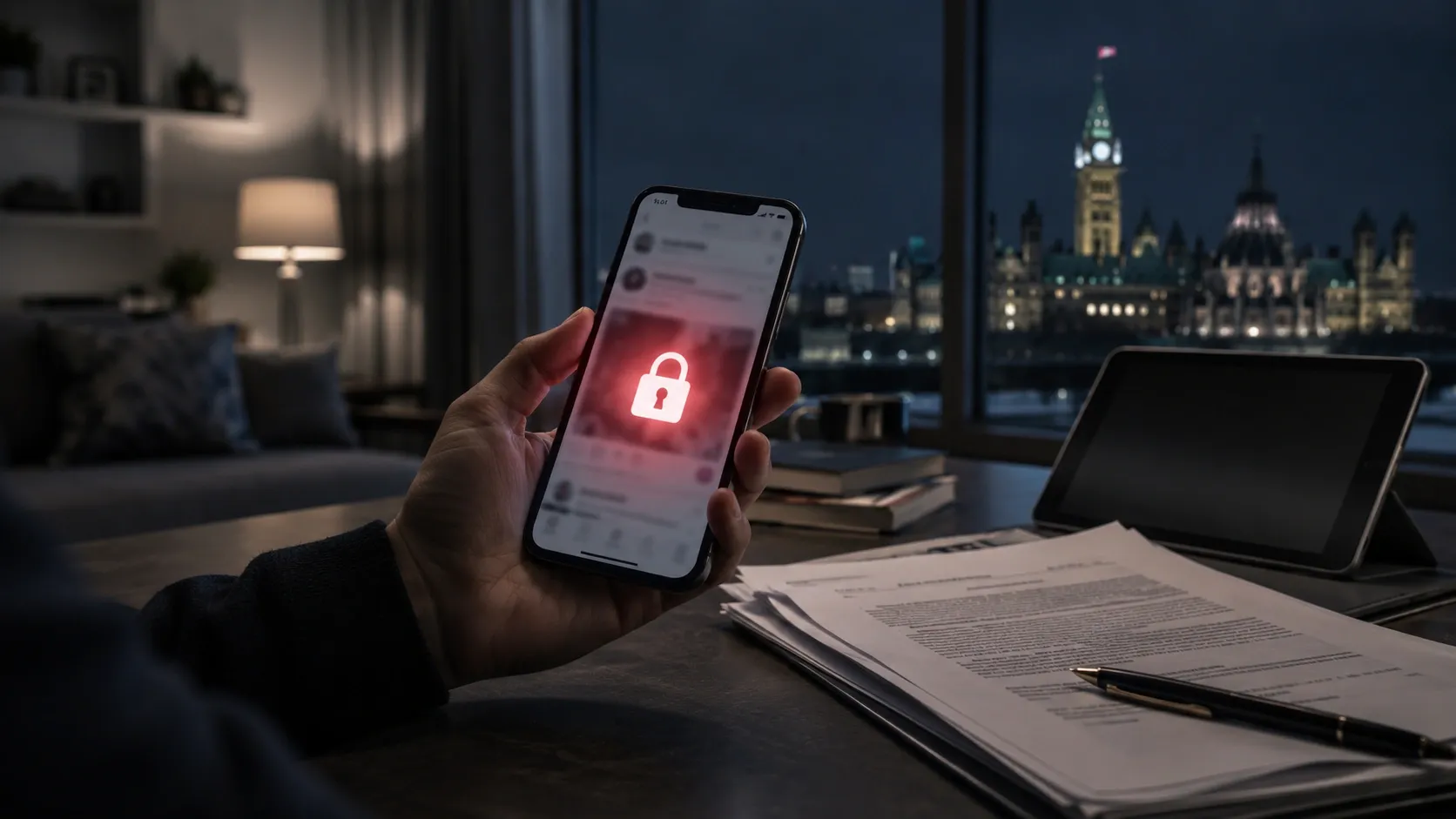 A person in Canada is sitting at their table, holding a phone which shows social media locked out