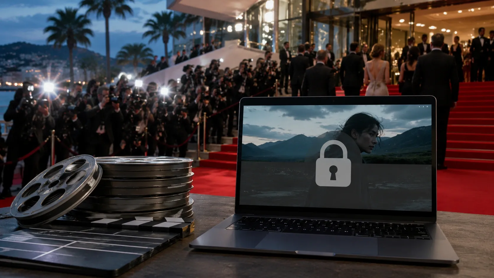 A crowd of people is entering the building for Canned film fesitval while a laptop in the foreground shows a movie being blocked due to licensing paywall