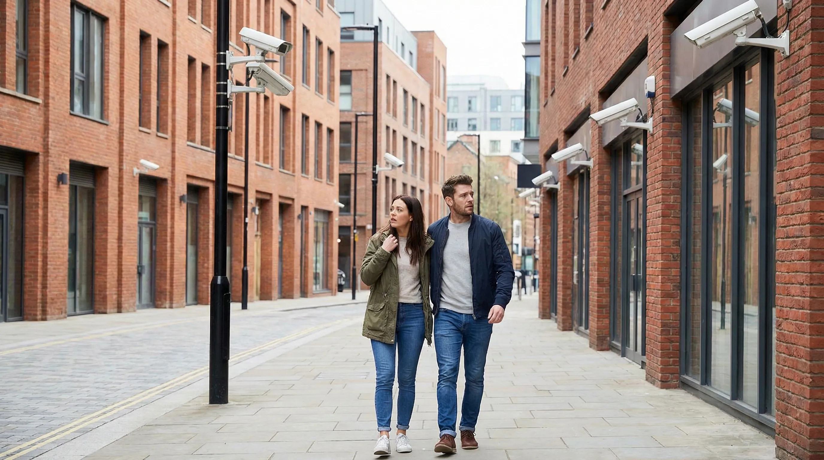 A couple walking down a street followed by CCTV cameras