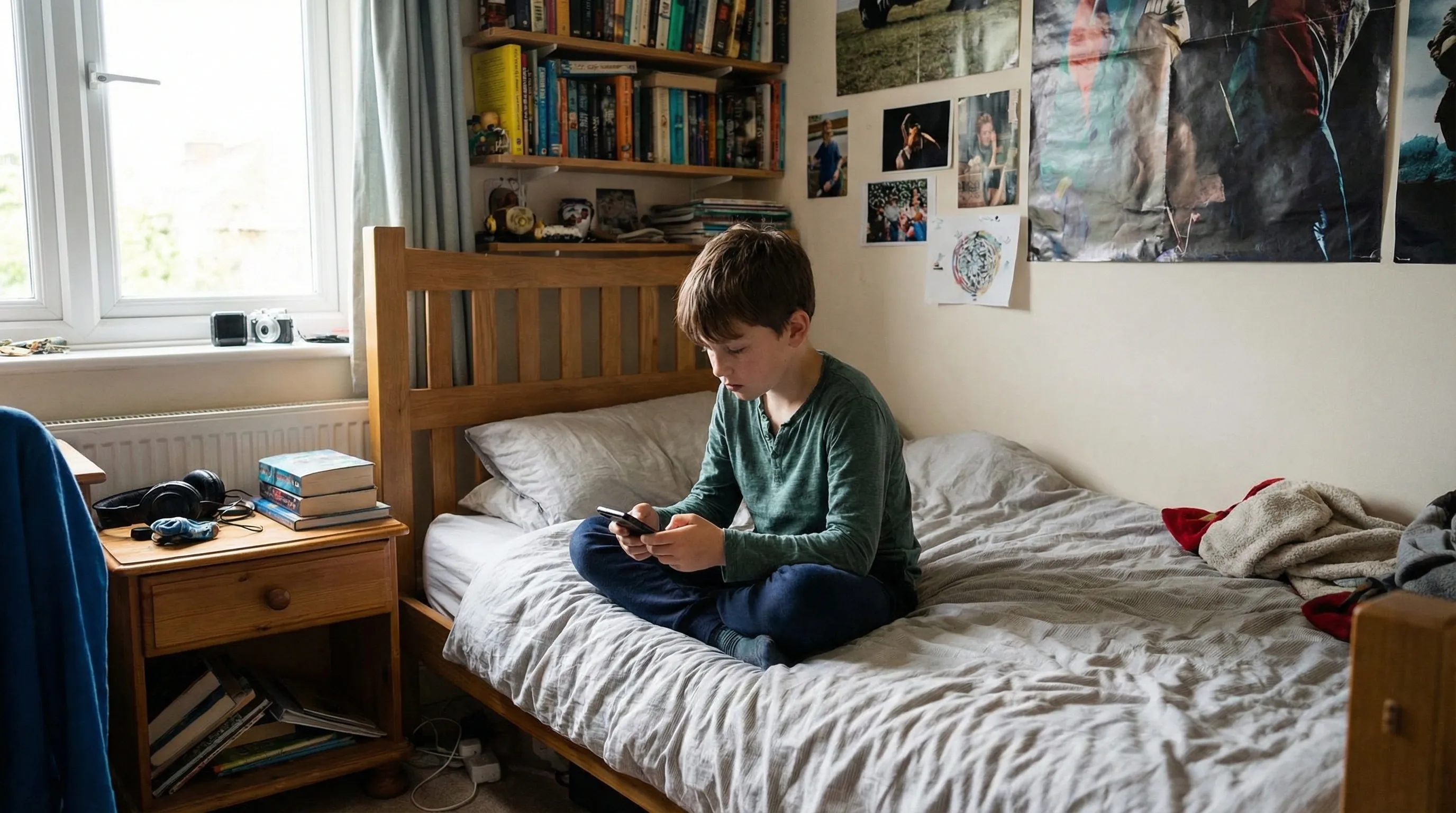 An image of a child using his phone in his bedroom