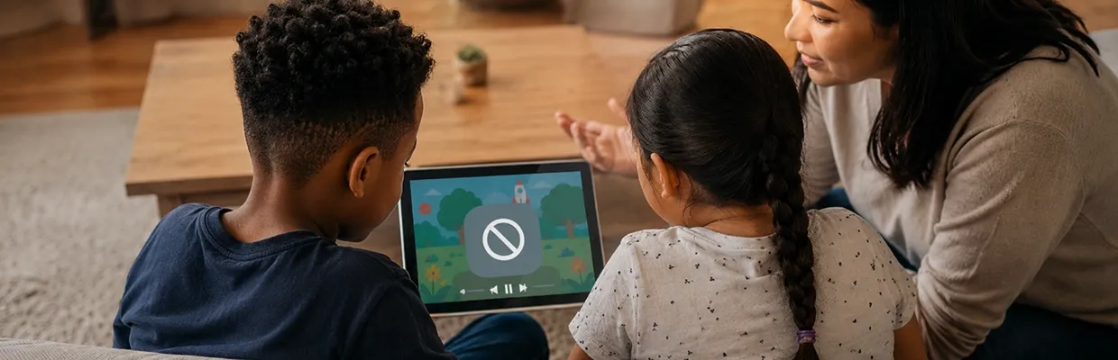 An image of a mom helping her kids to use their tablet