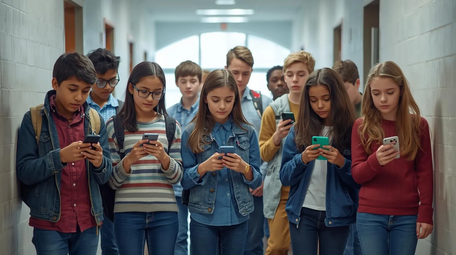 A group of kids using their phones in a brightly lit school coridor