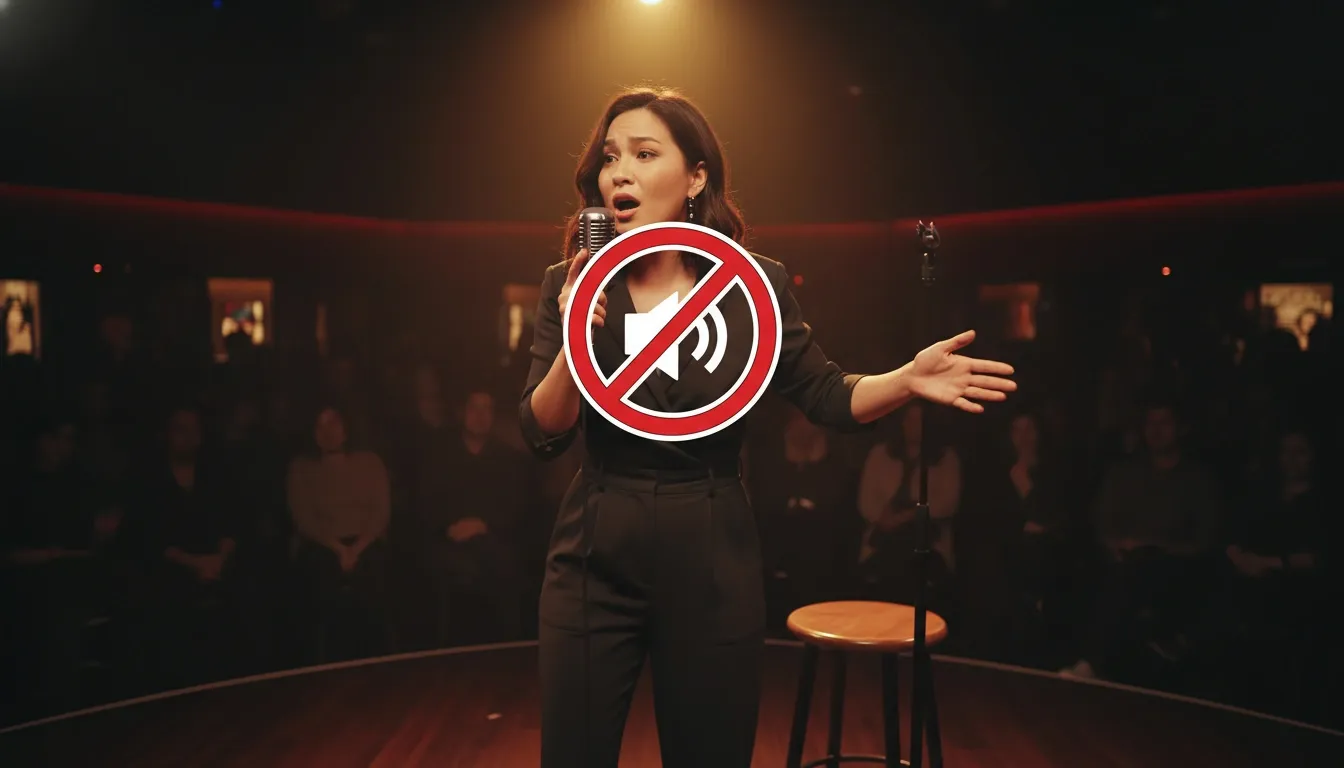 Chinese comedian is standing on stage, telling a joke, while a mute icon is displayed over her, implying censorship