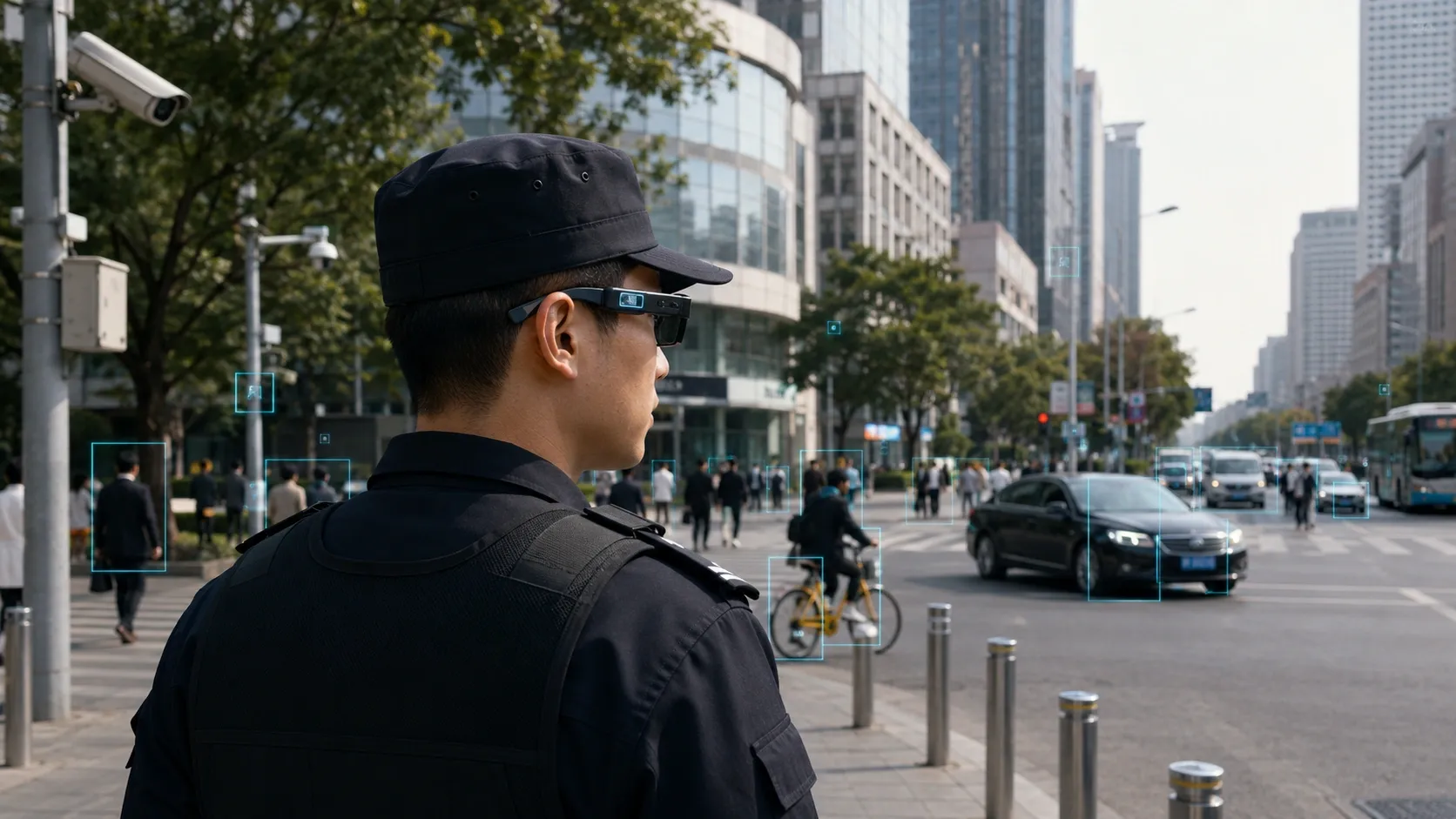 A police officer in China is walking the street, scanning everything with facial recognition smart glasses