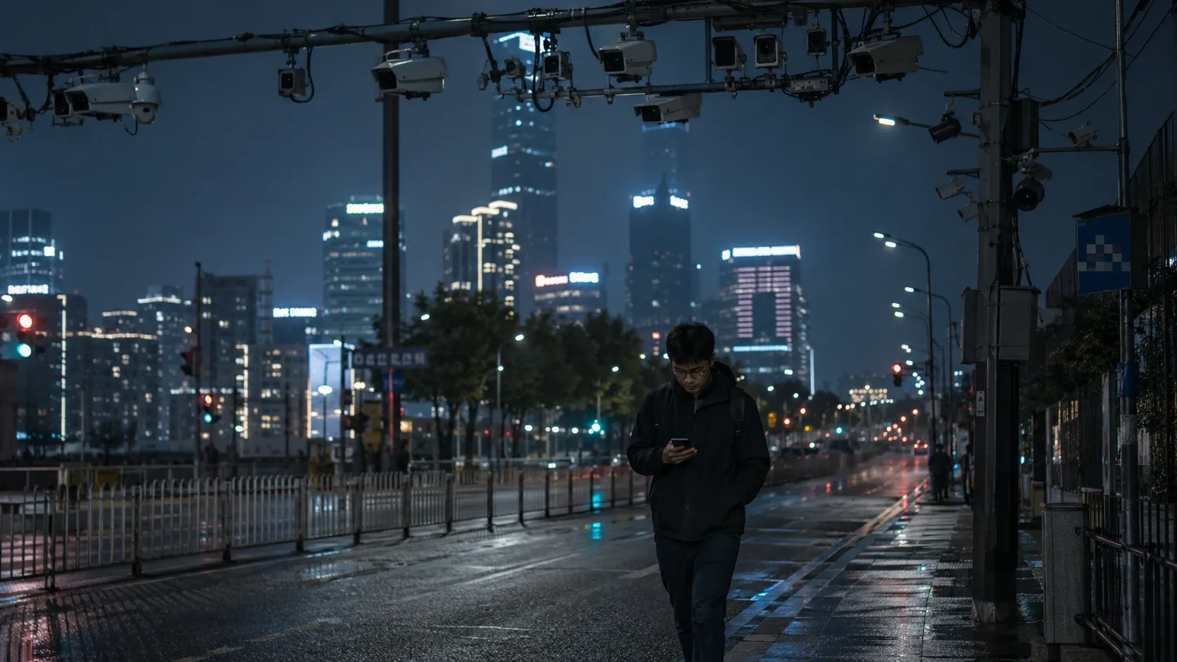 A person in China is walking a street while being surveilled from every angle