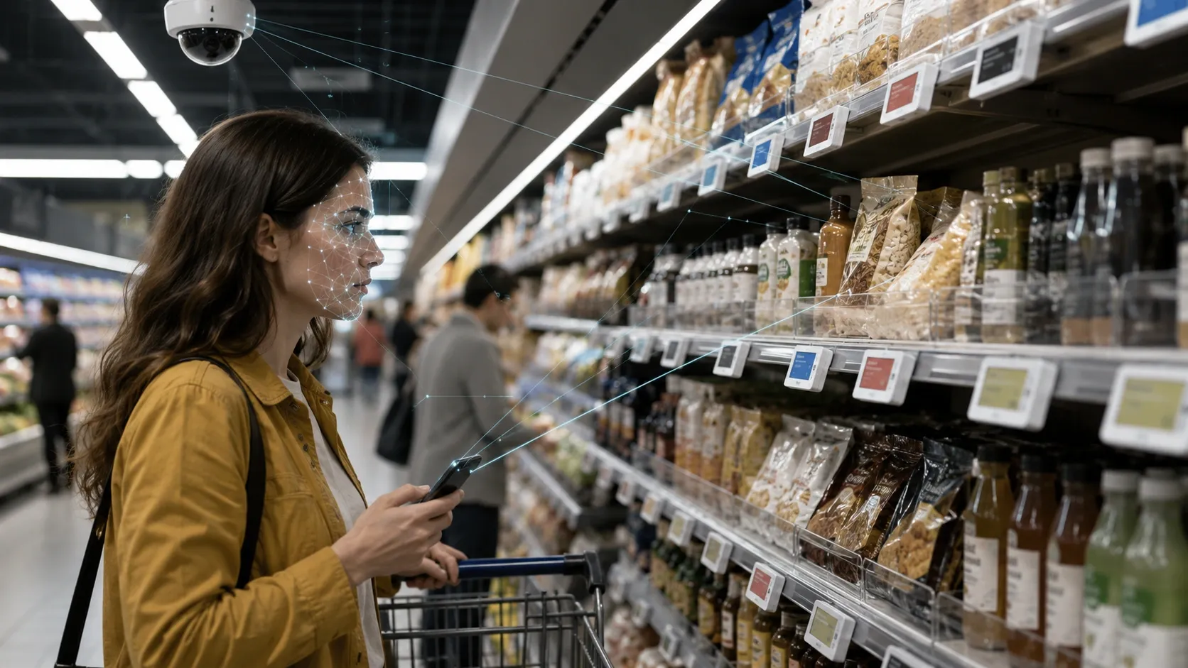 A woman shopping in a supermarket is being shown prices according to the data collected through surveillance