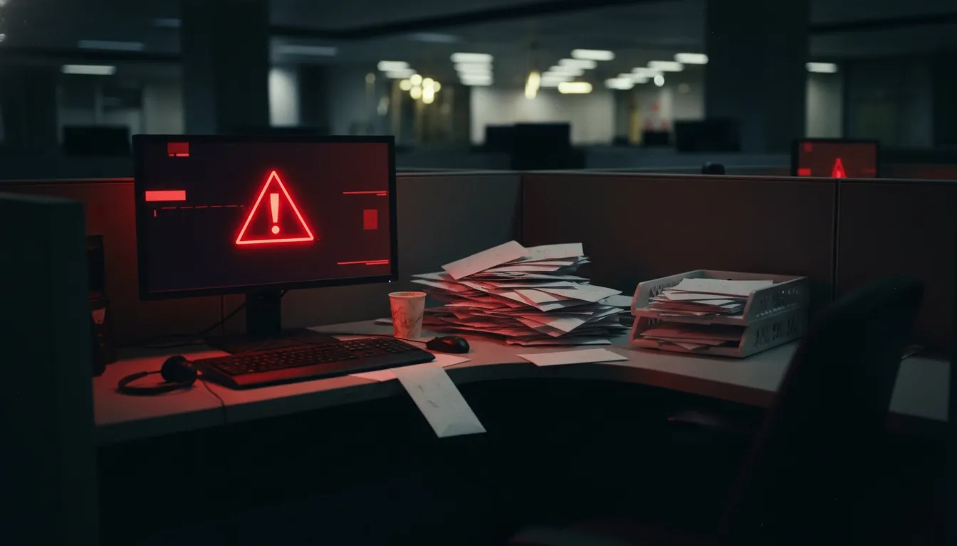 A computer in a an empty government facility shows a breach, while a bunch of unsent notices lay nearby