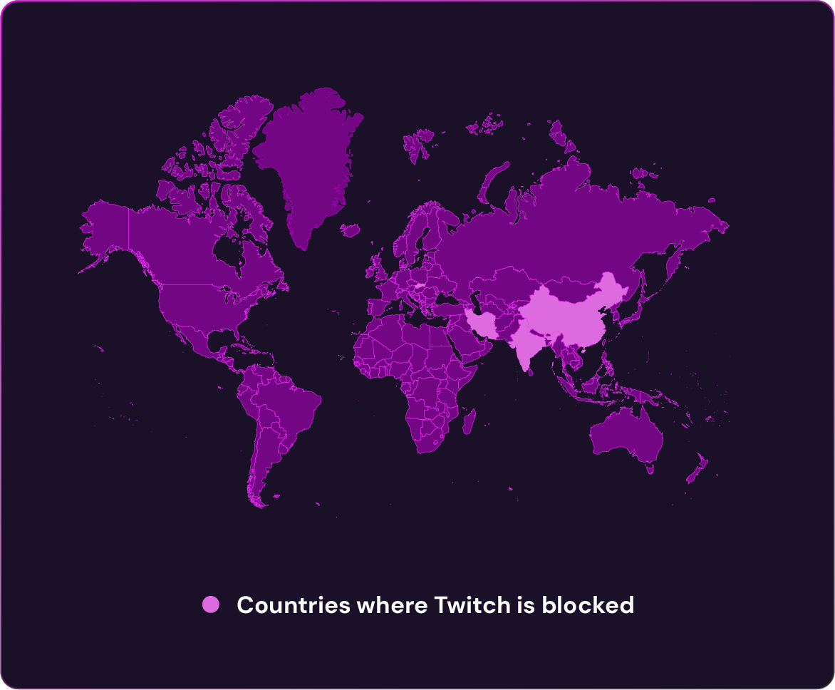 World map highlighting countries where Twitch is blocked in purple, with lighter shades marking restricted regions