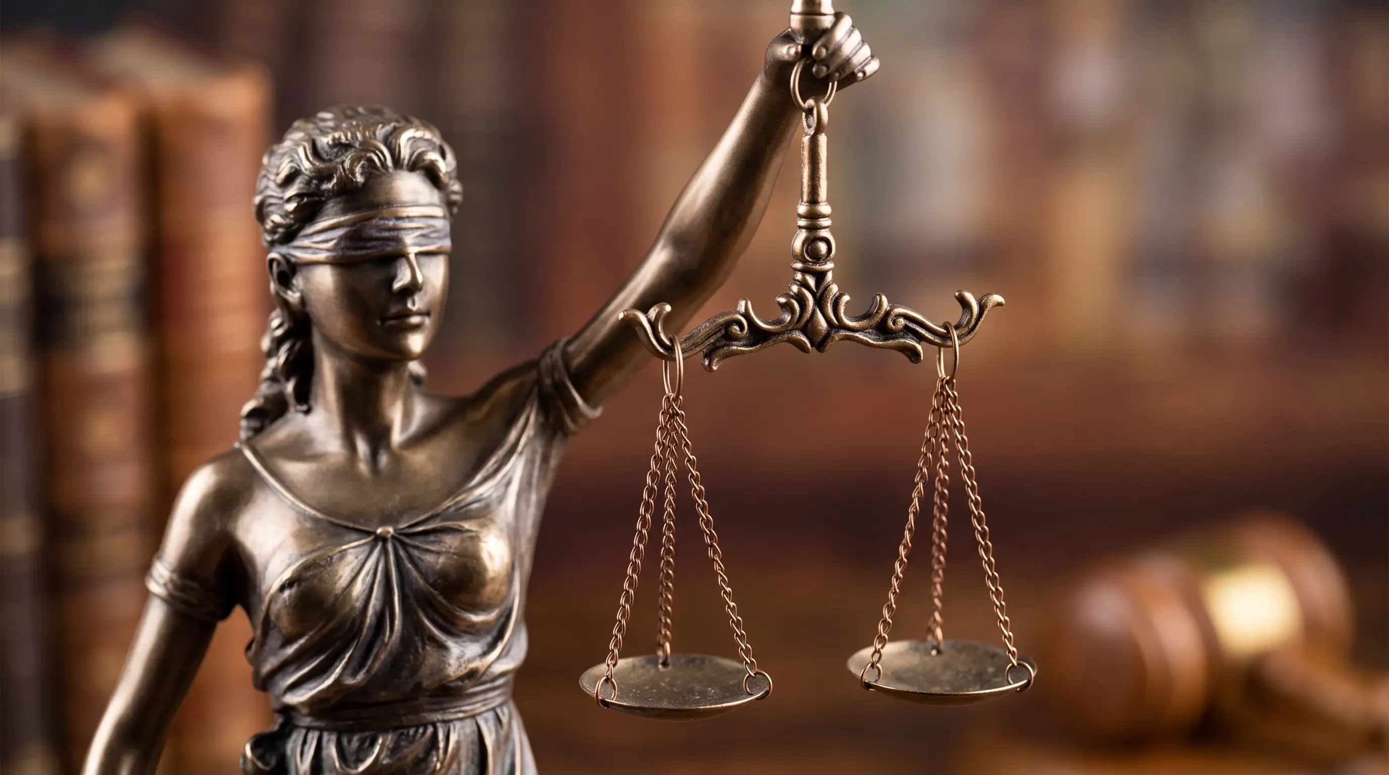 A miniature statue of Lady Justice blindfolded