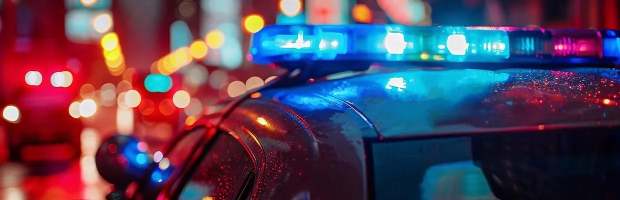 Police car with sirens on is rushing to deal with a crime reported by anonymous tip