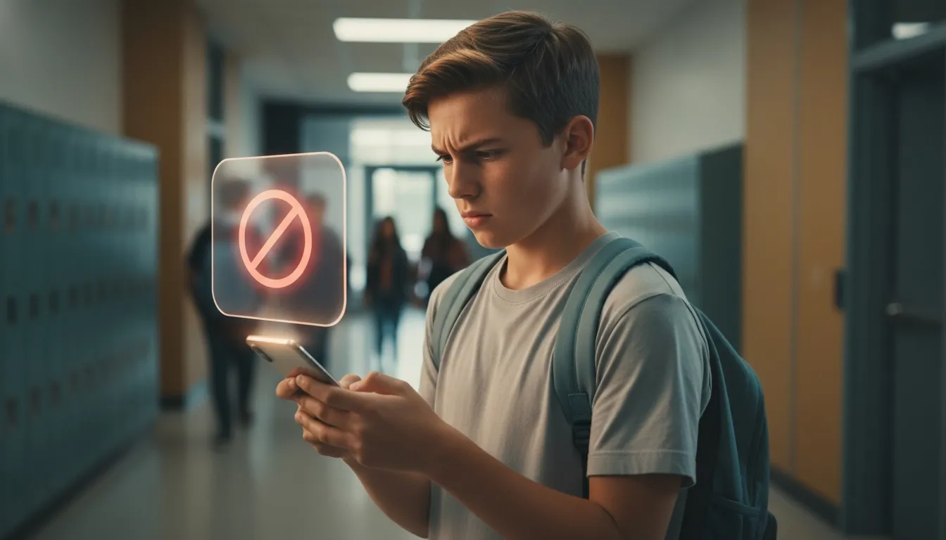 A teen in Czech school is looking at his phone with an upset face as the phone displays a popup, indicating the teen has been banned from using social media