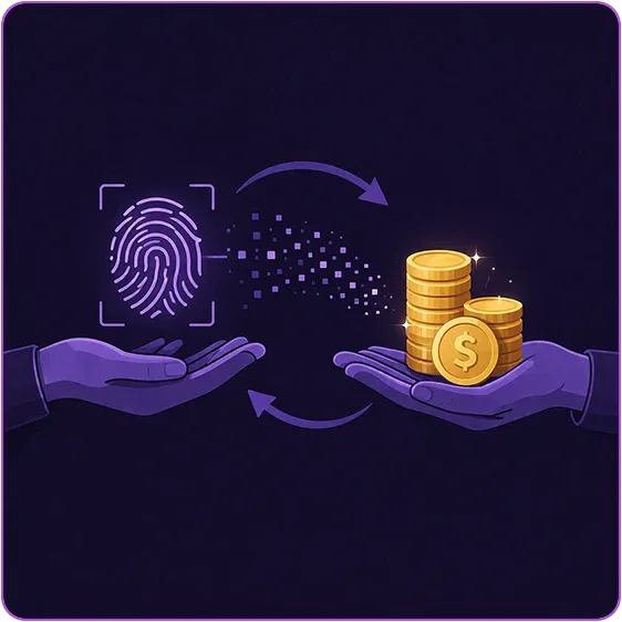 An illustration showing exchanging biometric data for money