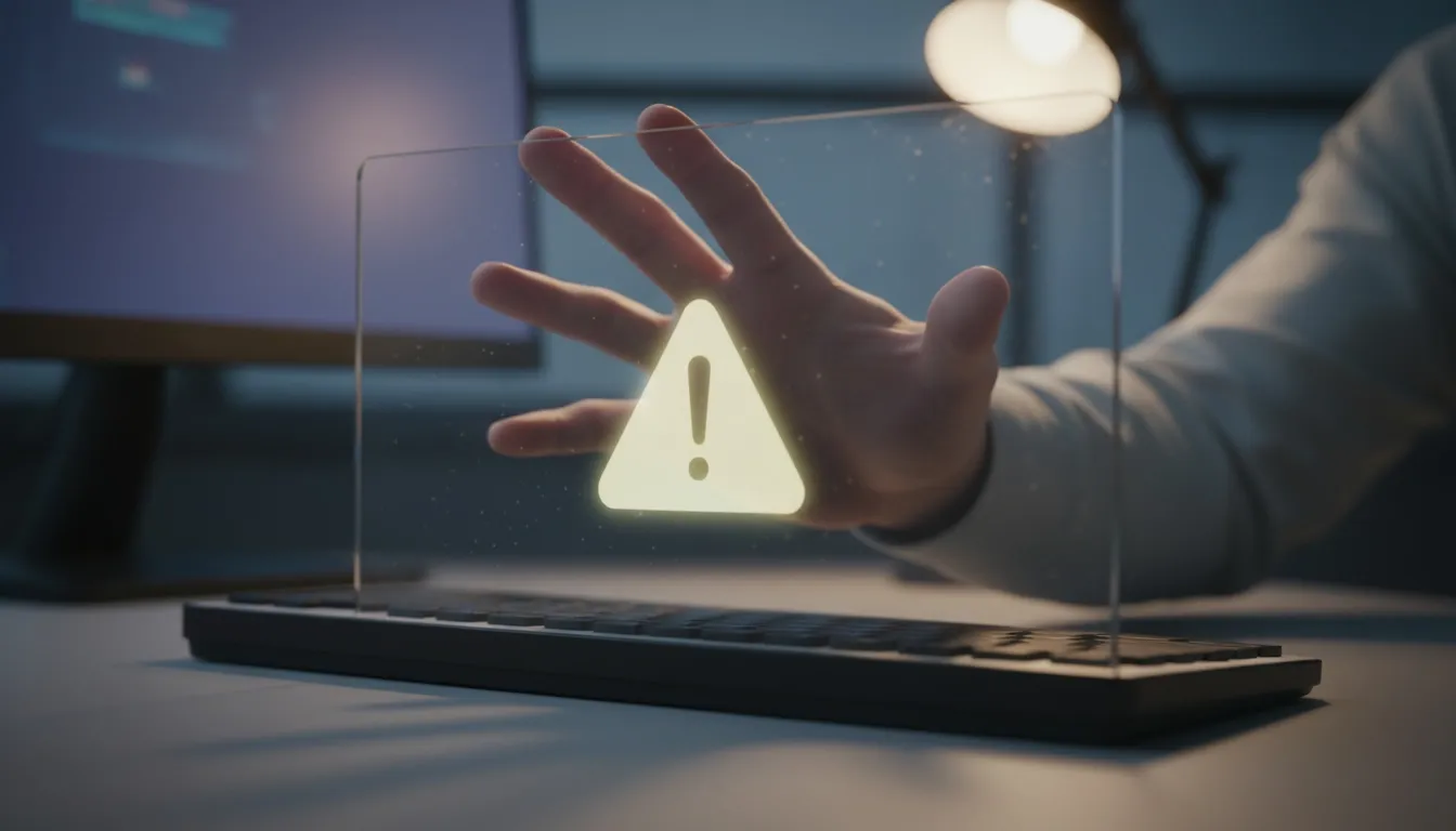 A hand is reaching for the keyboard but get blocked by a glass barrier with a warning sign, indicating the restriction of speech
