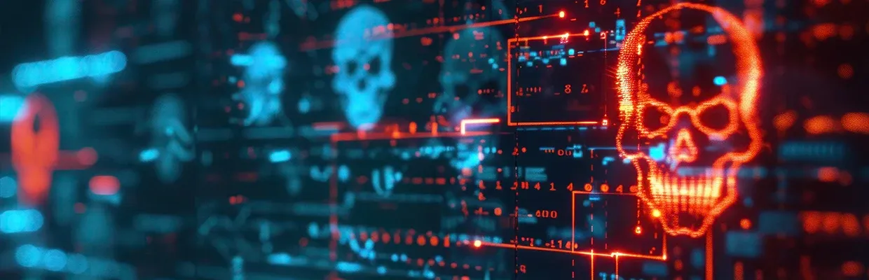 Infostealer malware within the system depicted as digital skulls