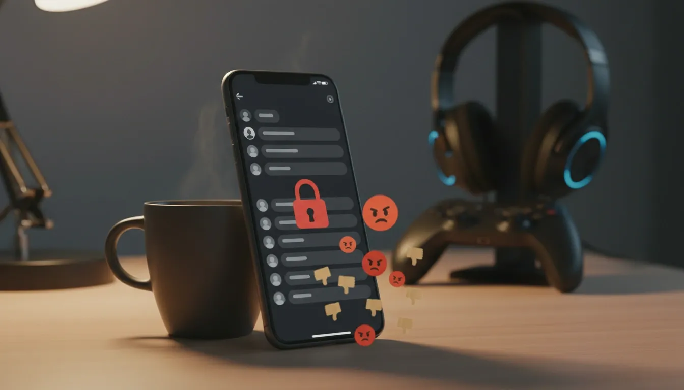 A phone standing next to a coffee cup is displaying a communications app that is locked due to age verification restrictions, with angry and thumbs-down emojis expressing users' reactions