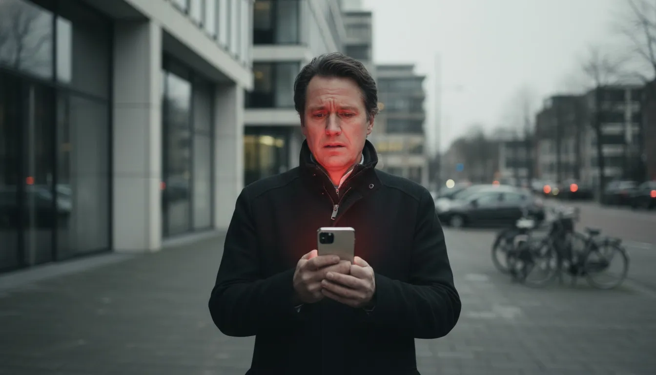 Data Protection Authority worker is visibly worried, looking at his phone which is indicating a data leak