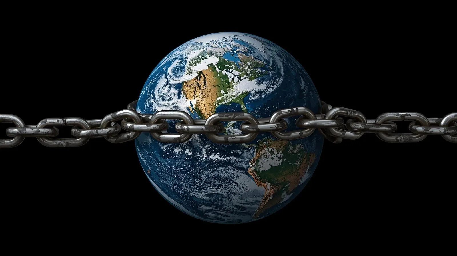 A photo-realistic image of the planet Earth chained with metal chains