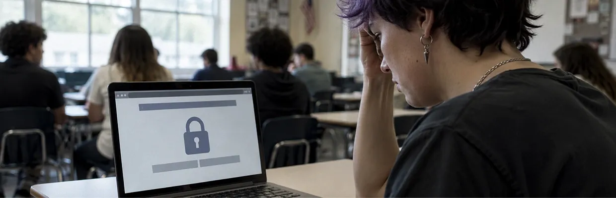A queer woman looking at her laptop with an error on its screen
