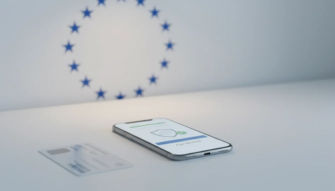 Smartphone laying on a table with age verification app open on it, ID next to it, and EU stars behind it