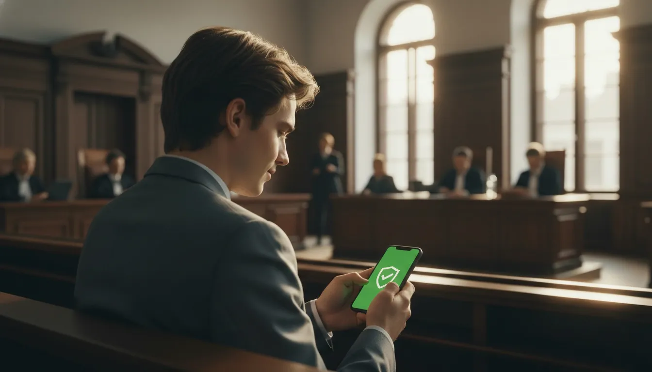 A person in an EU court hall is sitting and looking at their phone which is successfully connected to a VPN
