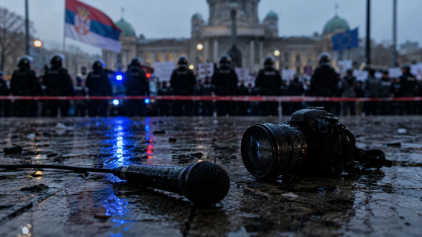 A camera and a microphone lay on the ground in the rain in Serbia while a crowd is being held by the police in the background