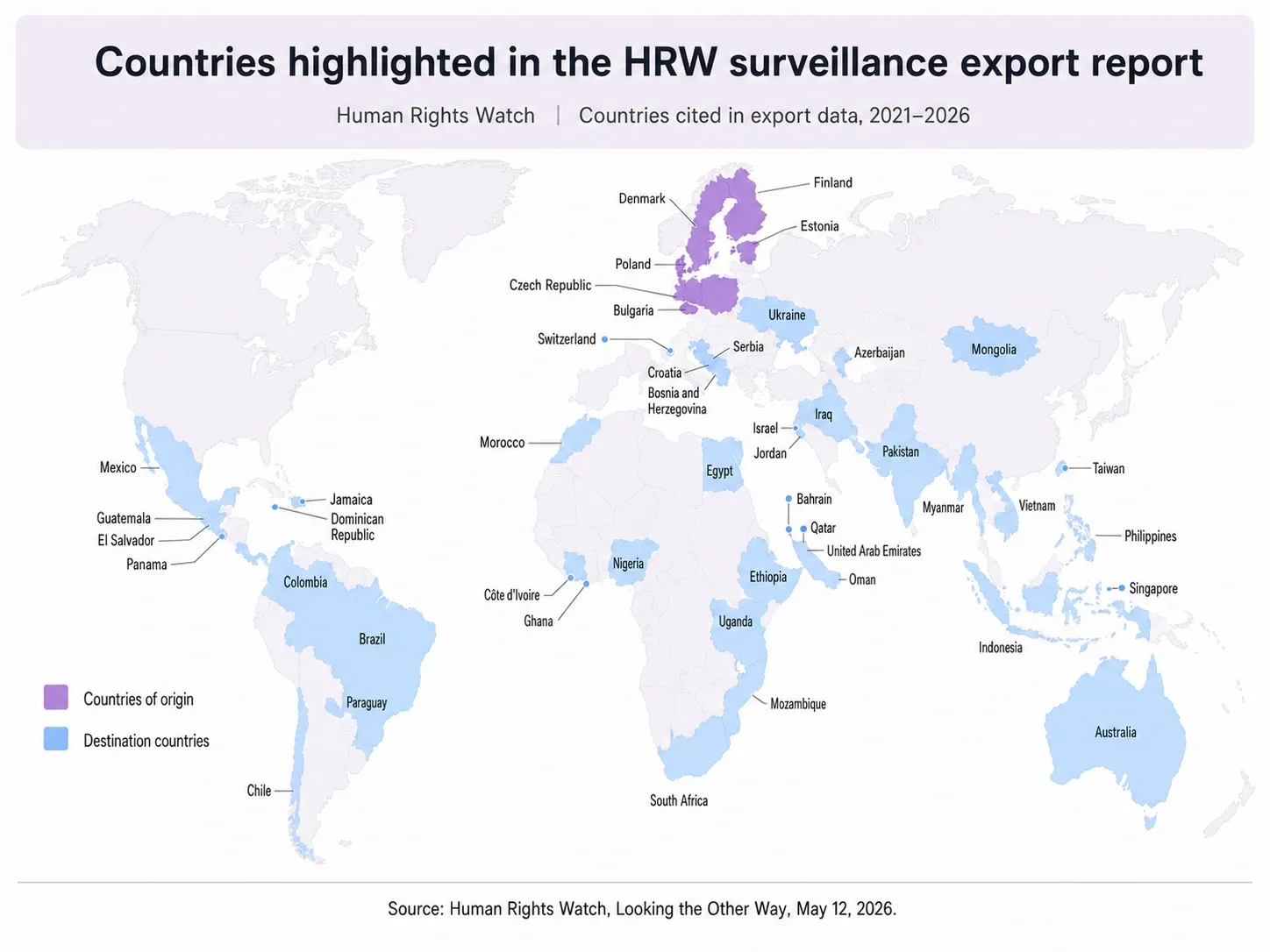 Map of European countries that exported spyware and the countries around the world that received it